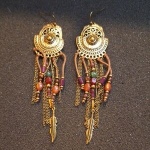 Gold-Tone Boho Dangle Earrings with Multicolor Beads